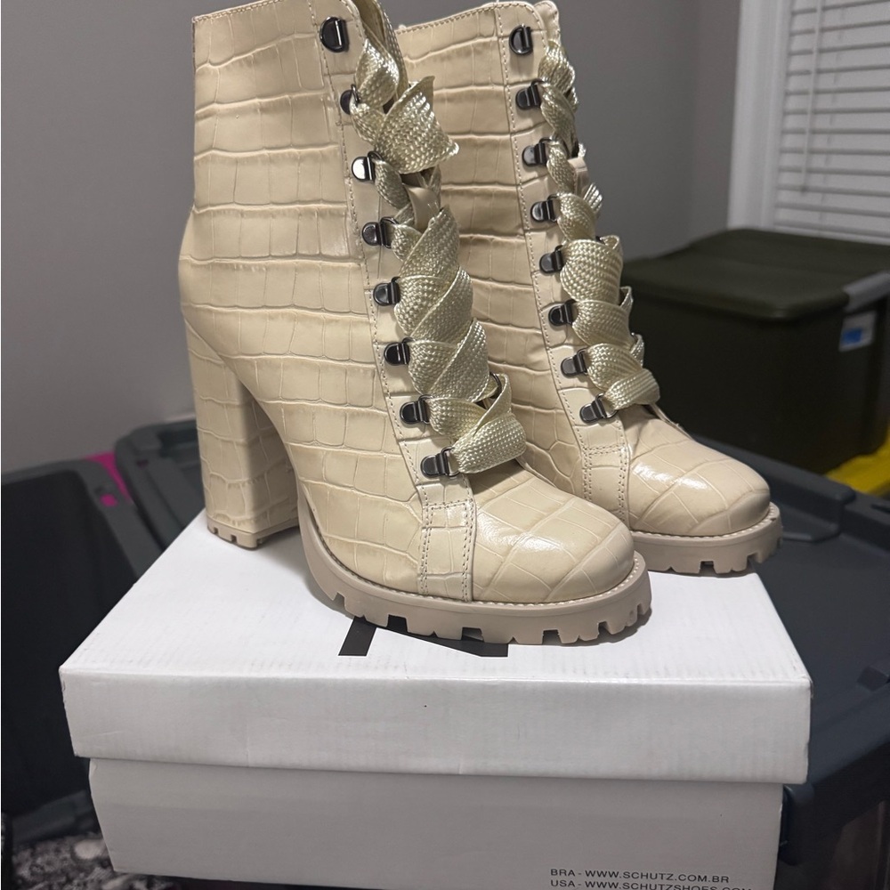 SCHUTZ Beige Croc-Embossed Heeled Boots